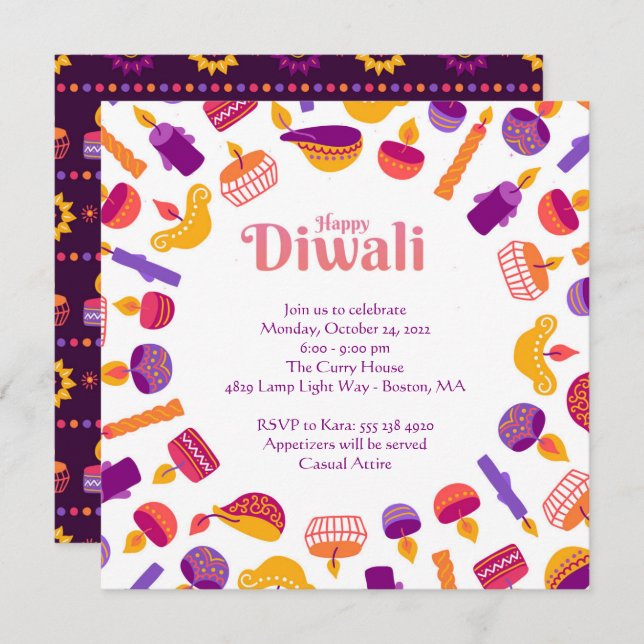 Invitation à la fête de célébration de Diwali (Devant / Derrière)
