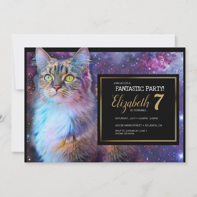Invitation à la fête de chat violet spatial (Devant)