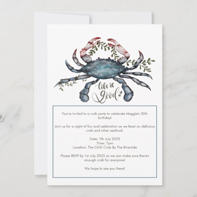Invitation à la fête de fruits de mer au crabe ble (Devant)