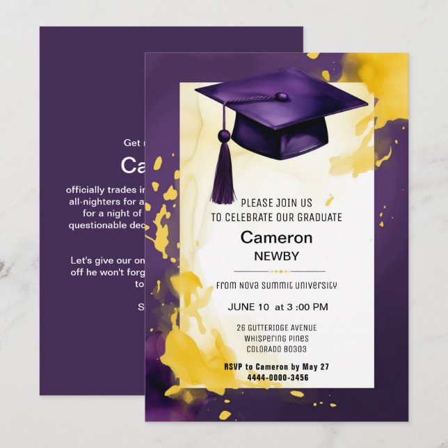 Invitation à la fête de graduation aquarelle 2 côt (Devant / Derrière)