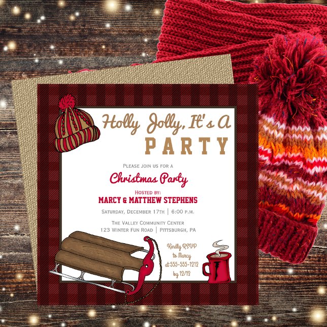 Invitation à la fête de Noël Plaid Holly Jolly (Plaid Holly Jolly Sled Christmas Party Invitation)