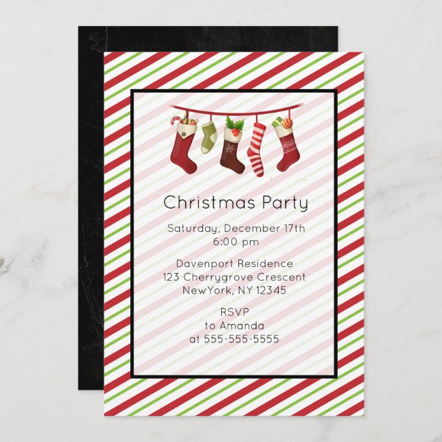 Invitation à la fête de Noël rayée rouge et verte (Devant / Derrière)