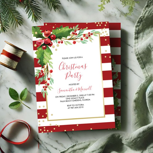 Invitation à la fête de Noël - Red Stripes (Xmas party invitation template red and green botanical design.)