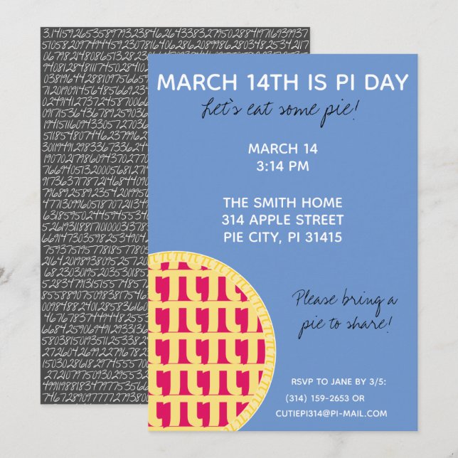 Invitation à la fête de Pi Day avec Chiffres Pi su (Devant / Derrière)