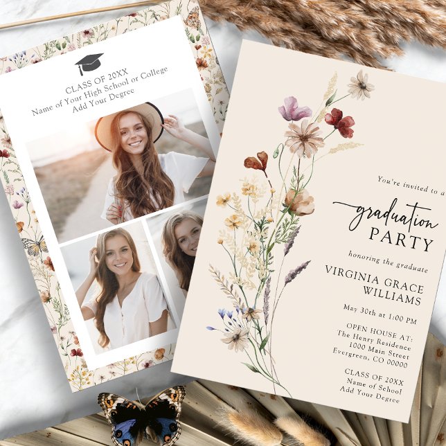 Invitation à la Fête de Remise des Diplômes de Pri (Boho Spring Watercolor Floral Graduation Party Invitation by Painted Paperie
)