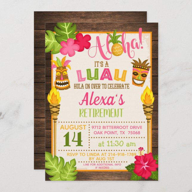 Invitation à la fête de retraite Luau (Devant / Derrière)