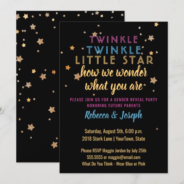 Invitation à la fête de révélation de genre Twinkl (Devant / Derrière)