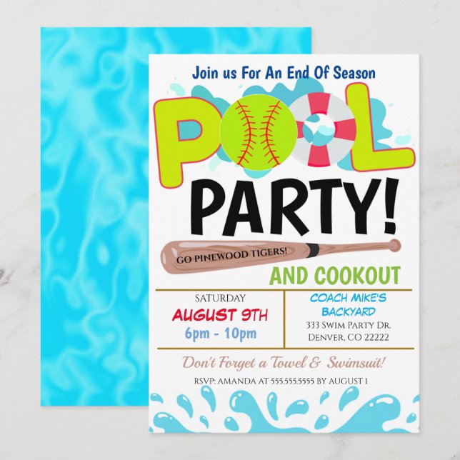 Invitation à la fête de softball de piscine l'été (Devant / Derrière)