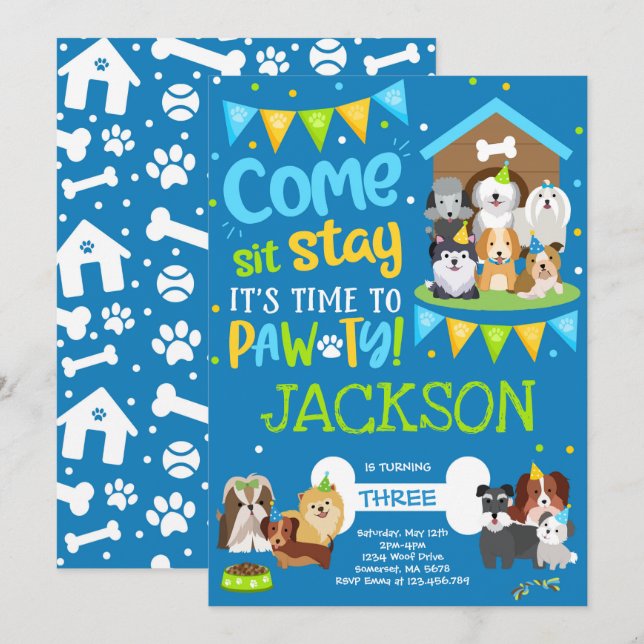 Invitation à la fête des marionnettes Doggy Birthd (Devant / Derrière)