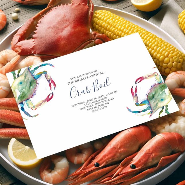 Invitation à la fête d'été de Crab Boil (Seafood invitations feature watercolor blue crab art by Victoria Grigaliunas of Do Tell A Belle)