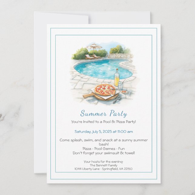 Invitation à la fête d'été Piscine & Pizza (Devant)
