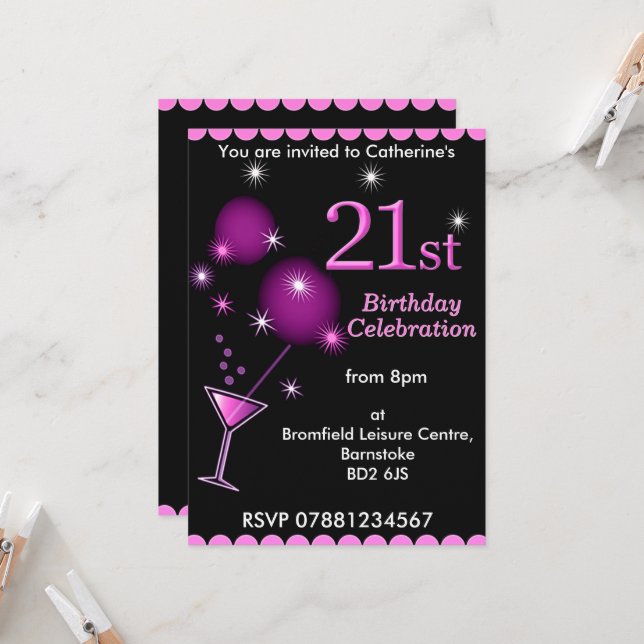 Invitation à la fête du 21e anniversaire - Cocktai (Devant/Arrière en situation)