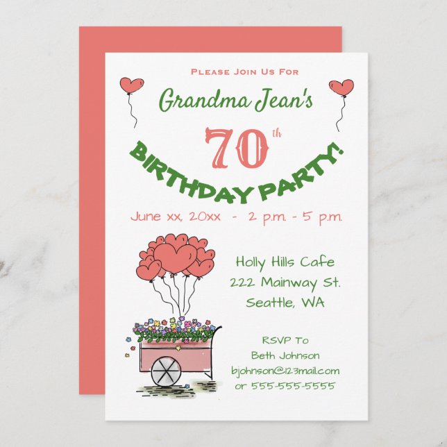 Invitation à la fête du 70e anniversaire - Coeurs  (Devant / Derrière)