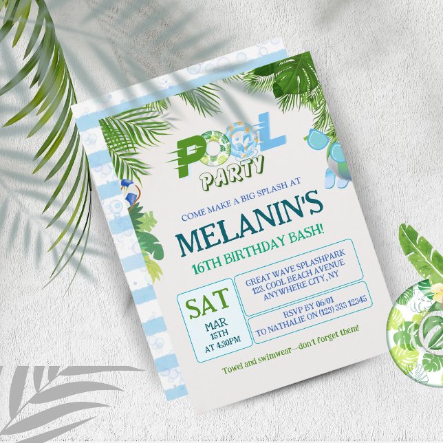 Invitation à la fête du petit billard - Cool Dude  (Cool Dude Pool Party Birthday Invitation - Fun Tropical Design)