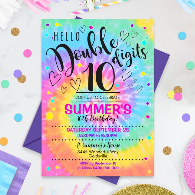 Invitation à la fête Hello Double Digits Tie Dye 1 (Hello Double Digits Party Invitation)