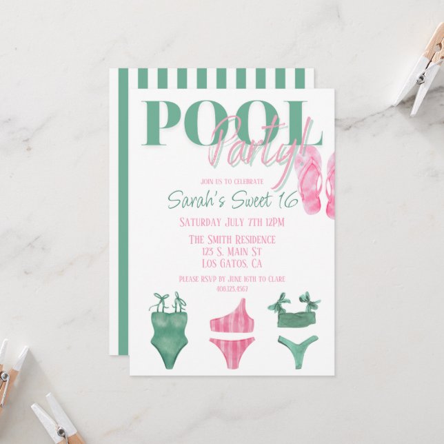 Invitation à la fête preppy au bord de la piscine (Devant/Arrière en situation)