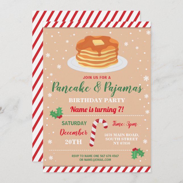 Invitation à la fête Pyjamas de Noël Pancakes & Py (Devant / Derrière)