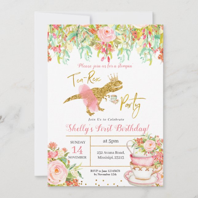 Invitation à la fête Tea-Rex pour fille rose Dinos (Devant)