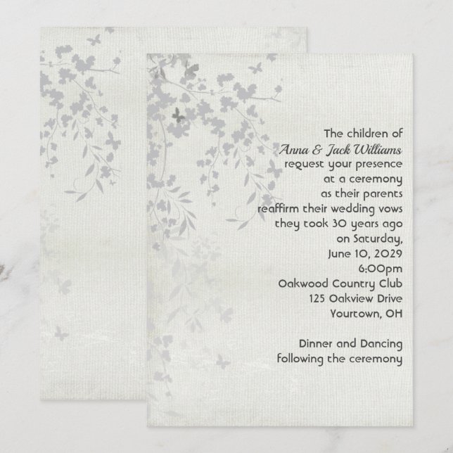 Invitation à la feuille d'argent et au papillon (Devant / Derrière)
