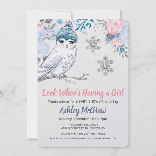 Invitation à la florale du Baby shower de hibou (Devant)