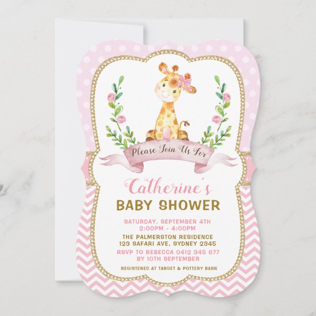 Invitation à la Girafe Baby shower rose et or (Devant)