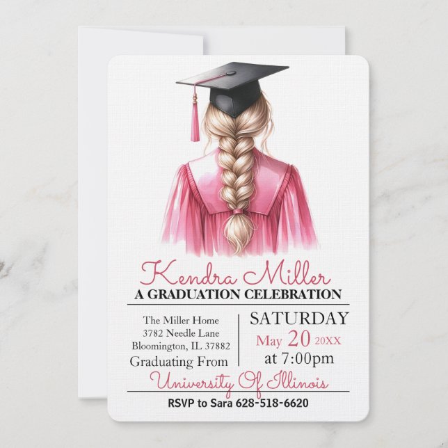 Invitation à la graduation en aquarelle rose (Devant)
