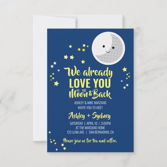 Invitation à la lune TWIN SIP & VOIR baby shower YELLOW NAVY (Devant)