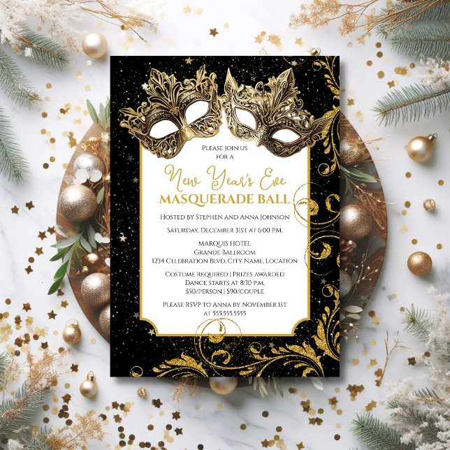 Invitation à la mascarade du réveillon d'or (Host your next NYE masquerade in elegance by sending out these gold mask masquerade ball invitations)