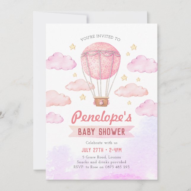 Invitation à la montgolfière rose, baby shower fil (Devant)