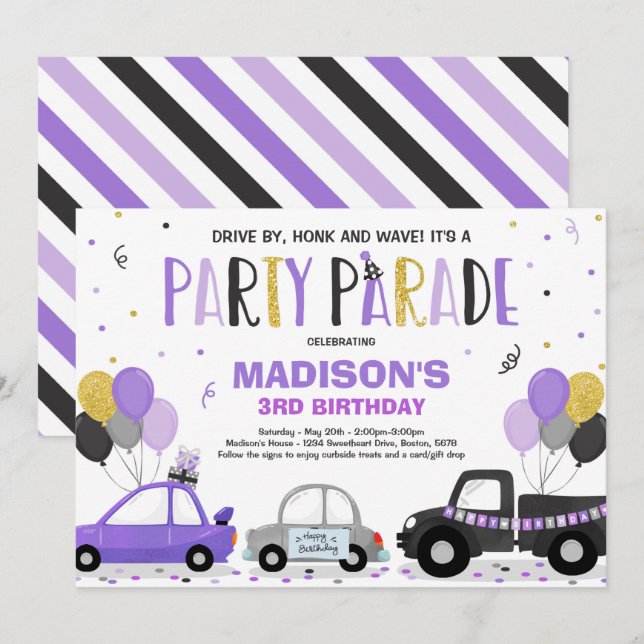 Invitation À La Parade D'Anniversaire Purple Parad (Devant / Derrière)
