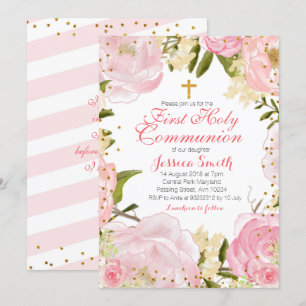 Invitation à la première communion rose florale.