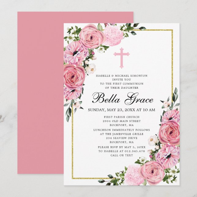 Invitation à la première communion rose florale (Devant / Derrière)