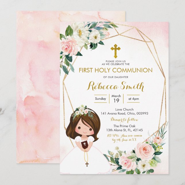 Invitation à la première communion rose florale (Devant / Derrière)