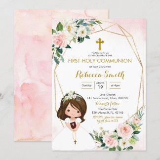 Invitation à la première communion rose florale
