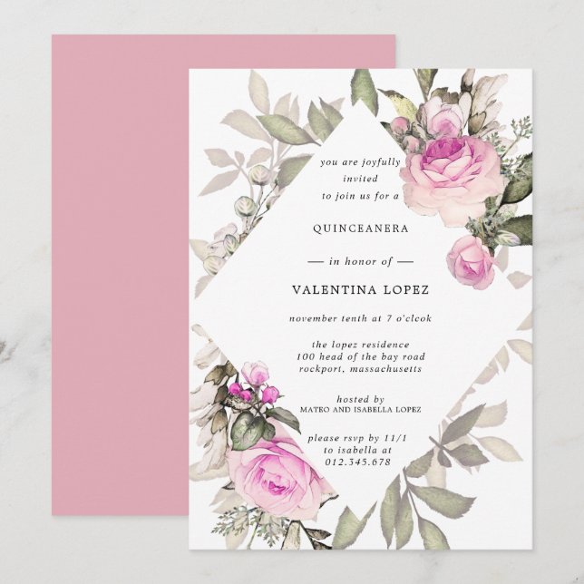 Invitation à la Quinceanera rose (Devant / Derrière)