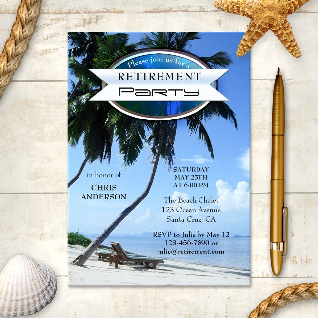 Invitation à la retraite du salon de plage tropica (Retirement party invitation featuring lounge chairs on a tropical beach with palm trees)