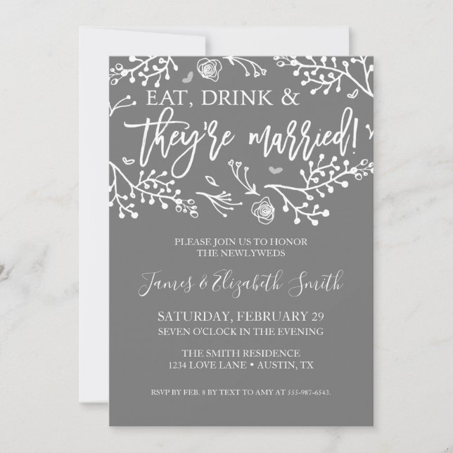 Invitation à la soirée d'après-mariage Floral Gris (Devant)