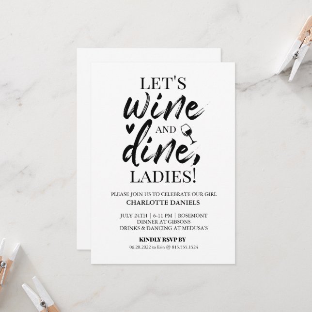 Invitation à la soirée de Bachelorette | Vin & Dîn (Devant/Arrière en situation)