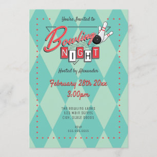 Invitation à la soirée de bowling avec logo rétro