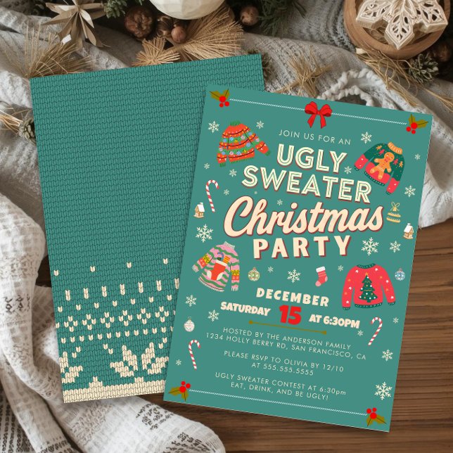 Invitation à la soirée de Noël avec un affreux pul (Retro teal ugly sweater Christmas party invitation with knit pattern and festive holiday decor.)