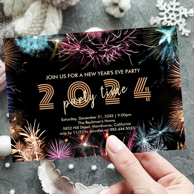 Invitation à la soirée du Nouvel An Gold Fireworks (2024 Gold Fireworks New Year's Eve Party Invitation)