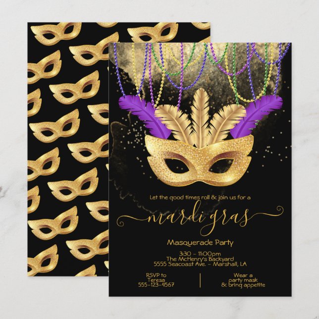 Invitation à la soirée masquée de Mardi Gras en or (Devant / Derrière)