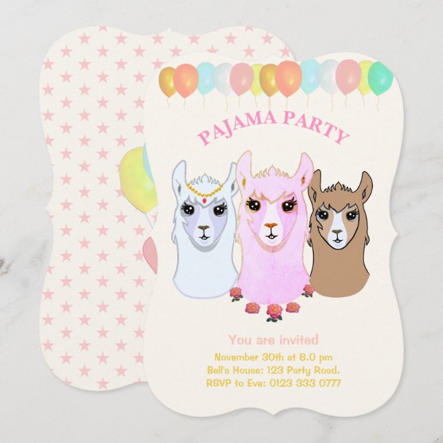 Invitation à la soirée Pyjama Llama (Devant / Derrière)
