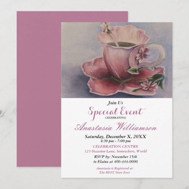 INVITATION À LA SOIRÉE TASSE À THÉ FUCHSIA ROSÉ (Devant / Derrière)