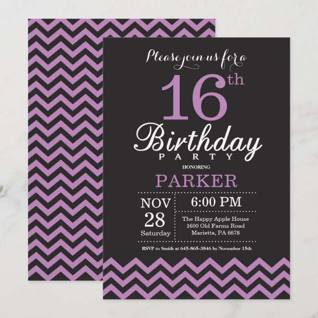Invitation à l'anniversaire 16e Noir et violet (Devant / Derrière)