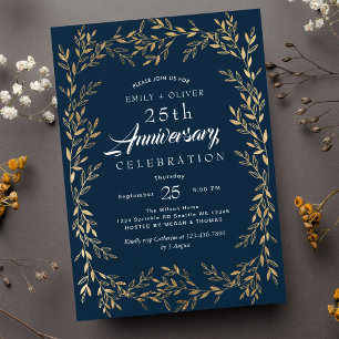 Invitation à l'anniversaire Blue Elegant Gold Leaf