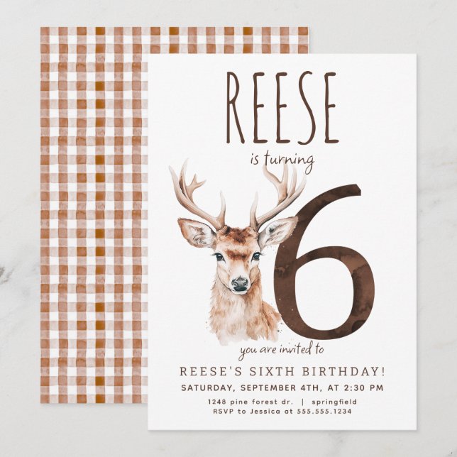 Invitation à l'anniversaire de Deer Sixième (Devant / Derrière)