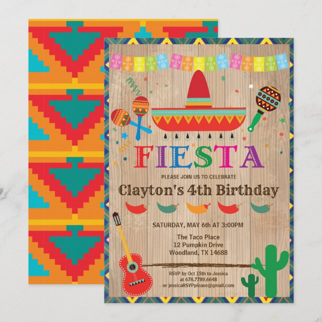 Invitation à l'anniversaire de Fiesta pour garçon  (Devant / Derrière)