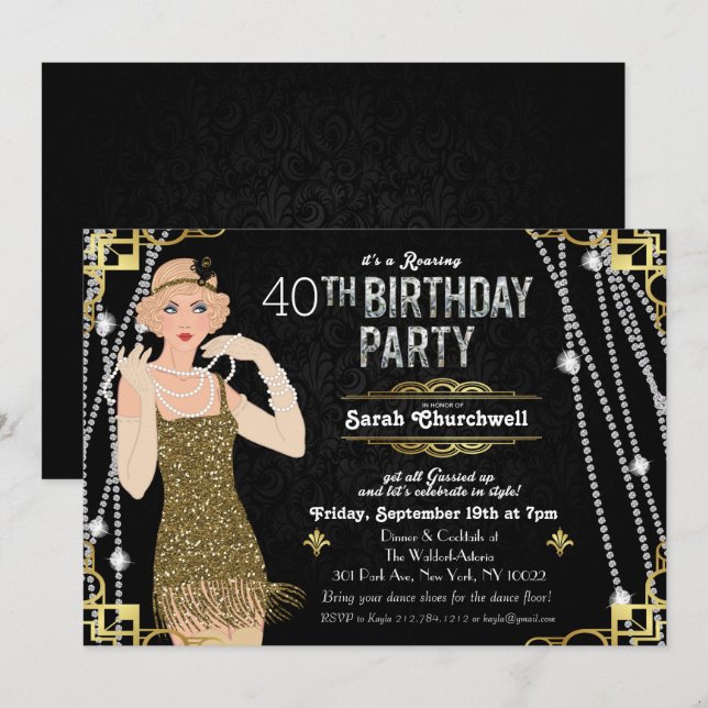 Invitation à l'anniversaire de Gatsby Flapper Girl (Devant / Derrière)