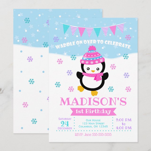 Invitation à l'anniversaire de Girl Penguin / Remu (Devant / Derrière)